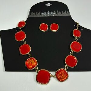NWT Red orange enamel roundish square bib necklace gold tone